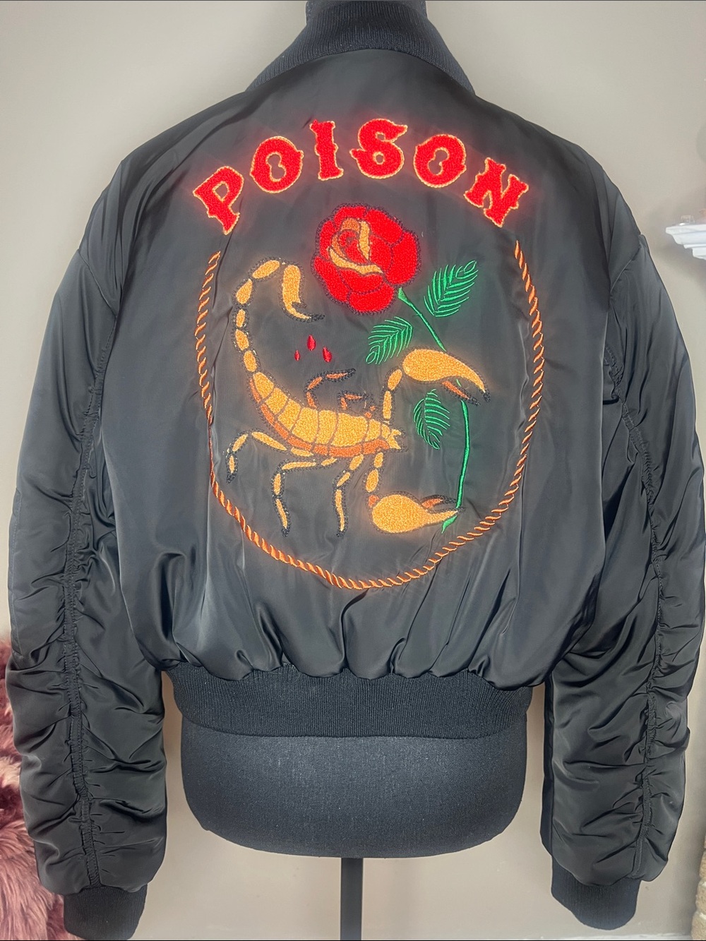 Black Bomber Jacket with Orange Scorpion Floral Embroidery